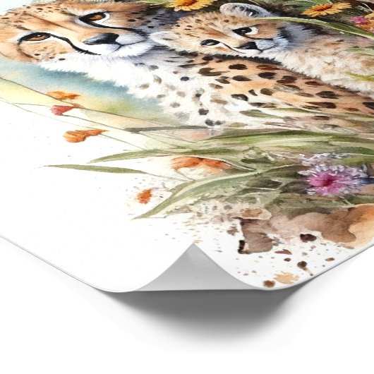 Waterverfschilderij van jachtluipaard baby en moed poster (Hoek)