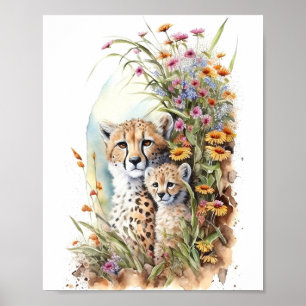 Waterverfschilderij van jachtluipaard baby en moed poster