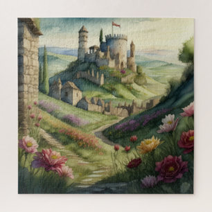 Waterverfschilderij van kasteel uit een sprookjesb legpuzzel