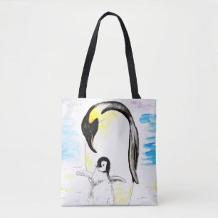 Waterverfschilderij van Keizerpinguïn en Kuiken Tote Bag