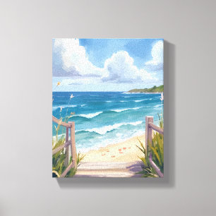 Waterverfschilderij van kustduinen en oceaan langs canvas afdruk