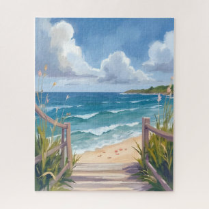 Waterverfschilderij van kustduinen en oceaan langs legpuzzel
