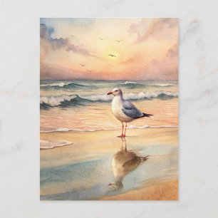Waterverfschilderij van meeuw op zeeoever bij zons briefkaart