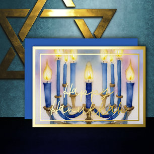 Waterverfschilderij van Menorah Blauwe Witte Kaars Folie Feestdagenkaart