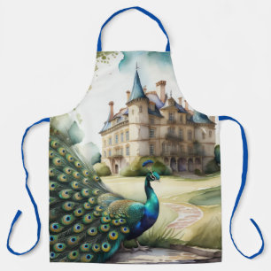 Waterverfschilderij van pauw en kasteel schort