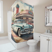 Waterverfschilderij van vintage auto en diner douchegordijn (In situ)