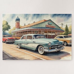 Waterverfschilderij van vintage auto's en diner legpuzzel