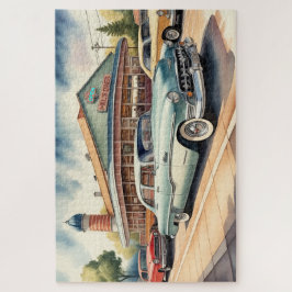 Waterverfschilderij van vintage auto's en diner legpuzzel