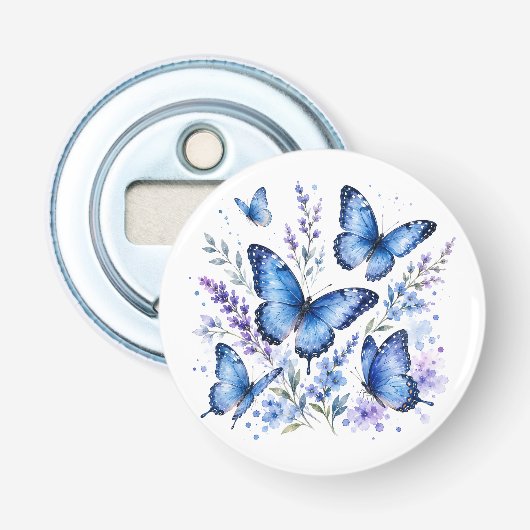 Waterverfschildering Blauwe Vlinders Button Flesopener (Voorkant)