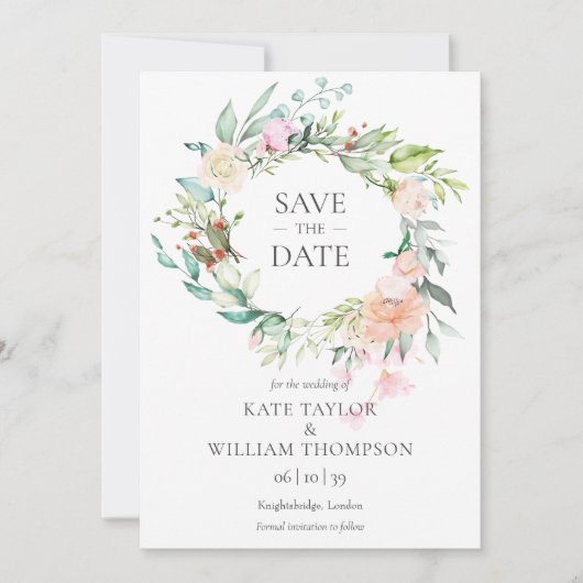 Waterverfslinger van wilde rozen Save the Date kaa (Voorkant)