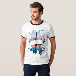 Waterverfspat-art T-shirt met Parijs   Eiffeltoren