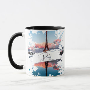Waterverfspat-art T-shirt met Parijs Eiffeltoren Mok