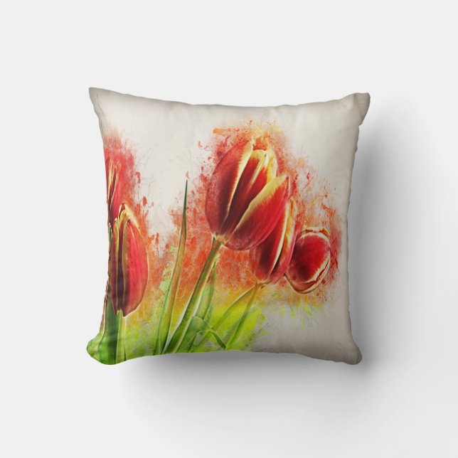 Waterverfspatten rode gele tulpen bloemmotief  kussen (Voorkant)