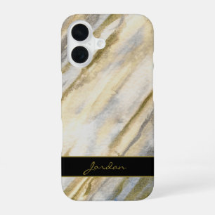 Waterverfstrepen in Taupe Grijs Blauw & Goud met n iPhone 16 Hoesje