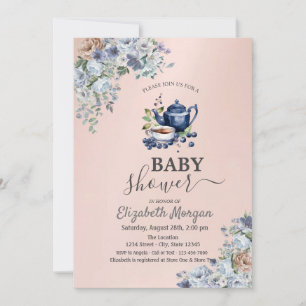 Waterverfteekanne Blauwebesbloesem Baby Shower Kaart