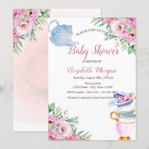 Waterverfteekanne Theekopje Bloemige Baby Shower Kaart