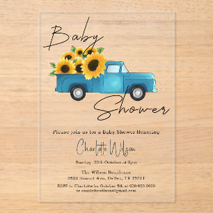 Waterverftruck met zonnebloemen baby shower acryl uitnodigingen