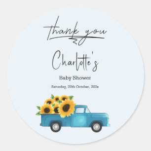 Waterverftruck met zonnebloemen baby shower ronde sticker