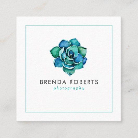 Waterverven Blauw-groen Cactus Crown Vierkante Visitekaartje (Voorkant)