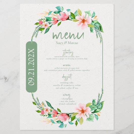 Waterverven Bloemenkrans aangepaste kalligrafie Menu (Voorkant)