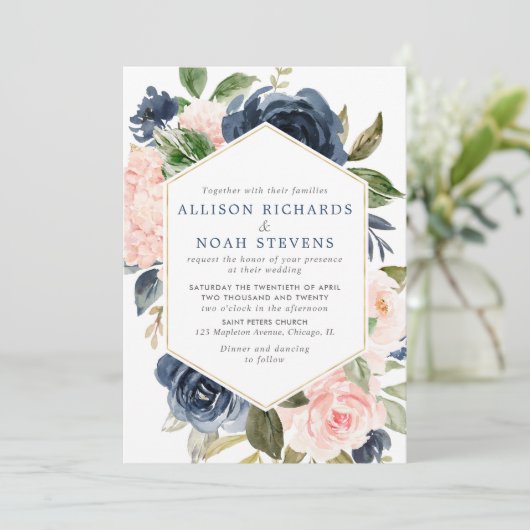 Waterverven bruiloft met blush en marineslag kaart (Staand voorkant)