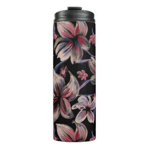 Waterverven Crimson Bloemen op zwart Thermosbeker