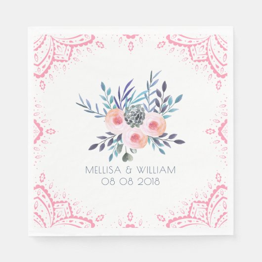Waterverven Floral Bouquet en Roze Lijst Servetten (Voorkant)