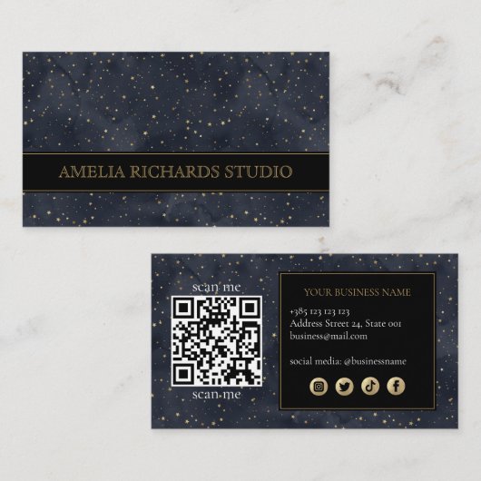Waterverven Gouden Sterren Patroon QR Code Visitekaartje (Voorkant / Achterkant)
