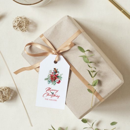 Waterverven Kerst vibe bloemen, bladeren, vogels Cadeaulabel