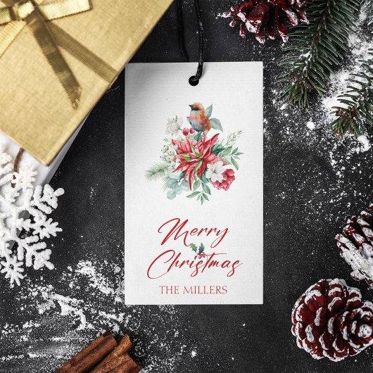 Waterverven Kerst vibe bloemen, bladeren, vogels Cadeaulabel