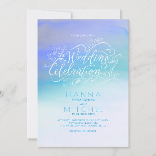 Waterverven Ombre Blue Modern Typography Wedding Kaart (Voorkant)