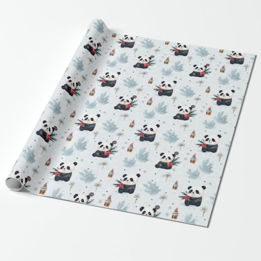 Waterverven Panda wintervakantiepatroon Cadeaupapier (Uitgerold)