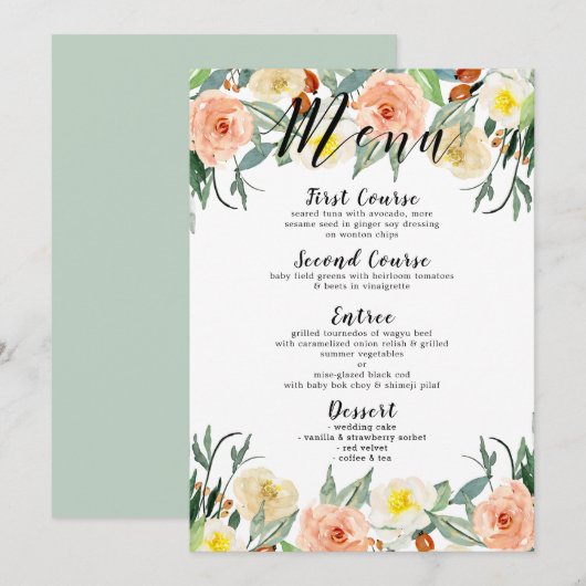 Waterverven Perzik & Witte Garden Flowers Menu (Voorkant / Achterkant)