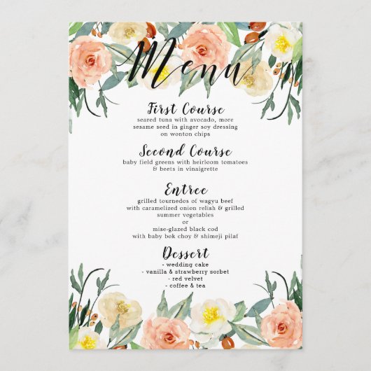 Waterverven Perzik & Witte Garden Flowers Menu (Voorkant)