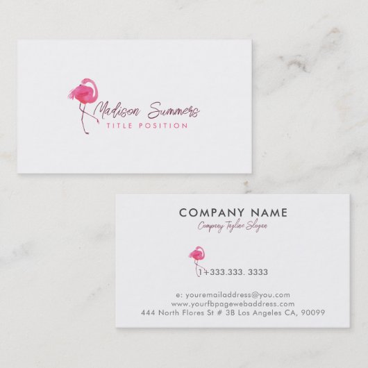 Waterverven roze flamingo op wit visitekaartje (Voorkant / Achterkant)
