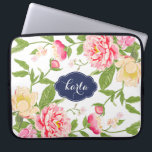 Waterverven roze groene en gele lentbloemen laptop sleeve<br><div class="desc">Elegante moderne waterverven illustreren roze rozen en bleekgele lentbloemen.  witte achtergrond en aanpasbaar monogram op blauw van de marine,  label/lijst.</div>