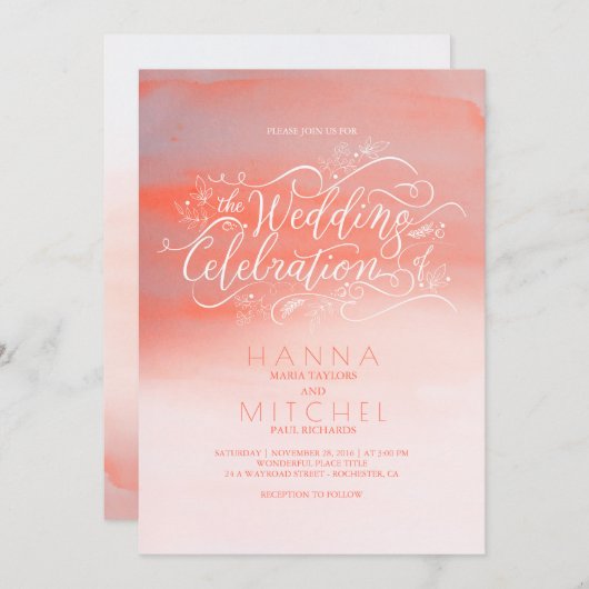 Waterverven Roze Moderne Typografie Wedding Invite Kaart (Voorkant / Achterkant)