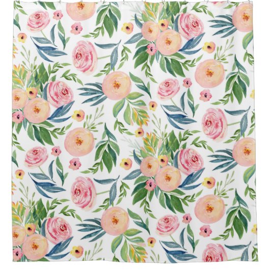 Waterverven roze & perzik pioenrozen patter douchegordijn (Voorkant)