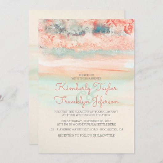 Waterverven strand bruiloft roze blauw kaart (Voorkant / Achterkant)