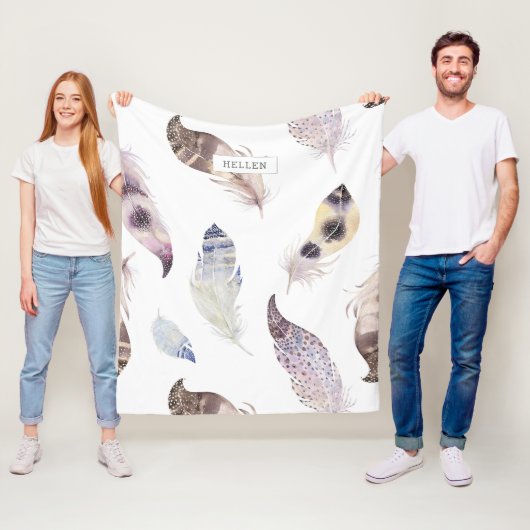 Waterverven Tribal Feathers Patroon Fleece Deken (In situ)