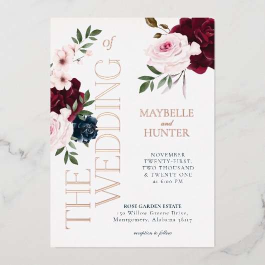 Waterverven van de classy Bold Burgundy en Navy Folie Uitnodiging (Voorkant)