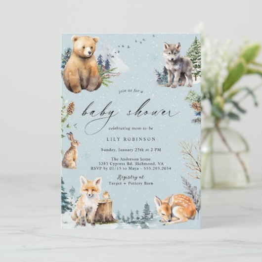 Waterverven | Woodland Winter Baby shower Kaart (Staand voorkant)