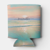 Waterverven zonsondergang op een rustig strand blikjeskoeler (Achterkant)