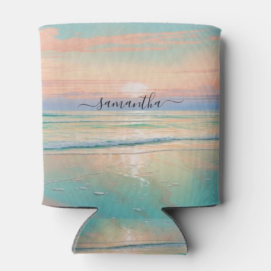 Waterverven zonsondergang op een rustig strand blikjeskoeler (Achterkant)