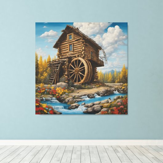 Waterwiel Log Cabin Canvas Afdruk (Insitu (Houten vloer))