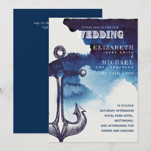 Watery Nautical Sailing Destination Wedding Invite (Voorkant / Achterkant)