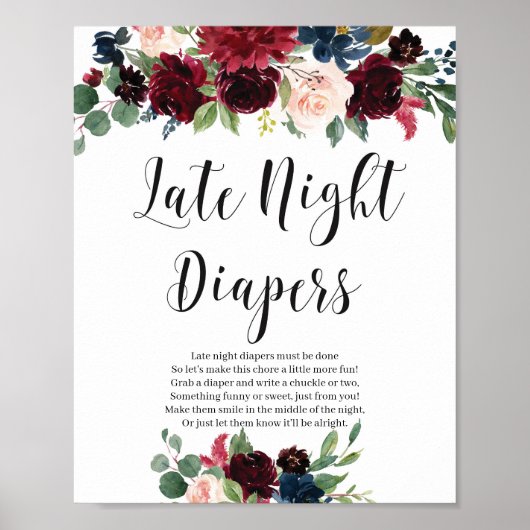 Watrcolor burgundy navy floral late night diapers poster (Voorkant)