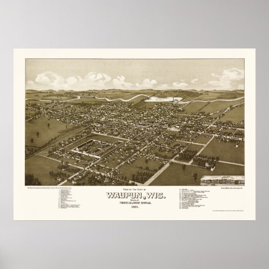 Waupun, WI Panoramic Map - 1885 Poster (Voorkant)
