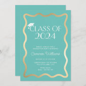 Wave Aqua Gold Graduation Party Kaart (Voorkant / Achterkant)