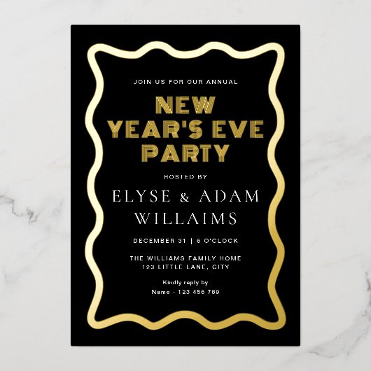 Wave Black Oudejaarsavond feest Folie Uitnodiging (Voorkant)